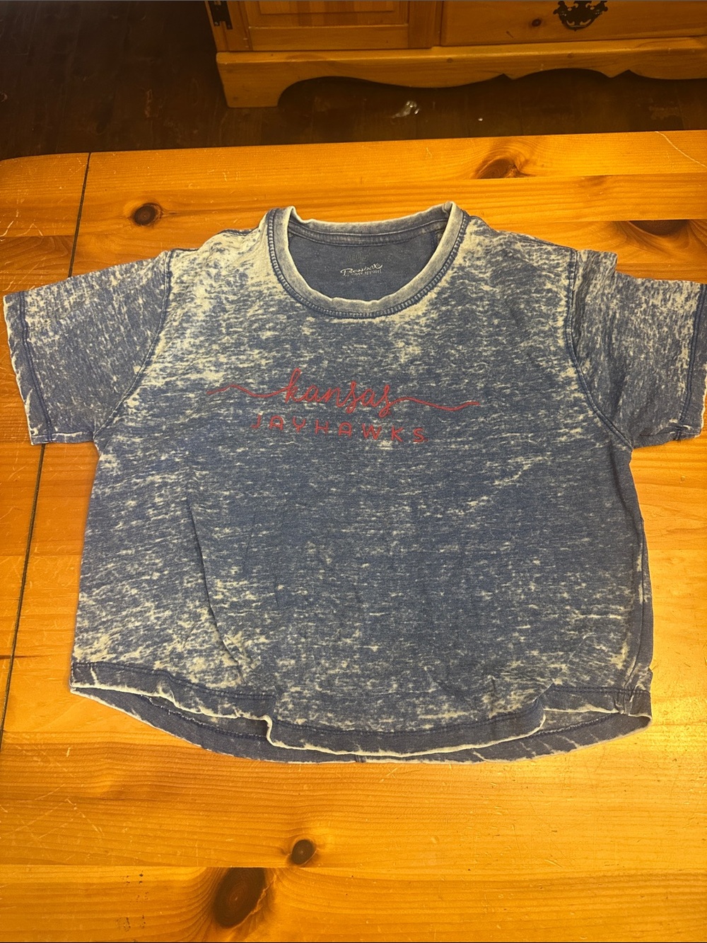Kansas Jayhawks Blue Mineral-Wash Crop Tee with Red Script Logo